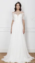 Bohemian Half Sleeve Lace Chiffon Bridal Gown A-line Scoop Transparent Back Sheer Wedding Dress NM 507