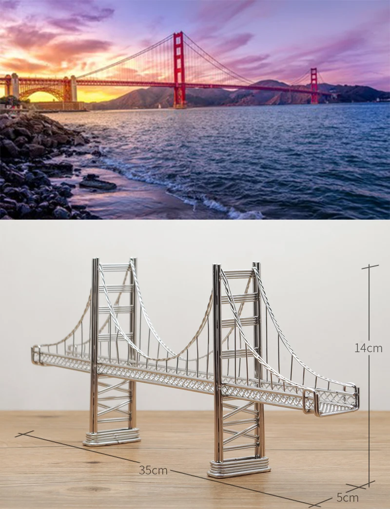 

6" / 13.78'' Steel Wire Model Golden Gate Bridge Authentic Architecture Replica Statue, Card Holder and Award
