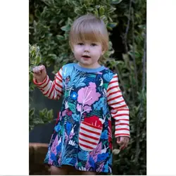 Демисезонный Симпатичная одежда в полоску для маленьких девочек с длинным рукавом платье с цветочным рисунком праздничное платье