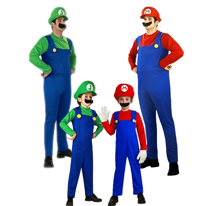 Новогодний костюм Супер Марио для косплея, Детский семейный костюм Funy Luigi Bros Plumber Purim, нарядное платье, рождественские вечерние костюмы