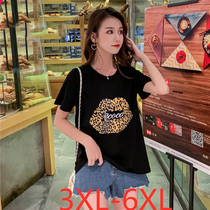 

2019 summer plus size top for women loose cotton print lips mouth short sleeve T shirt large tops white black 3XL 4XL 5XL 6XL