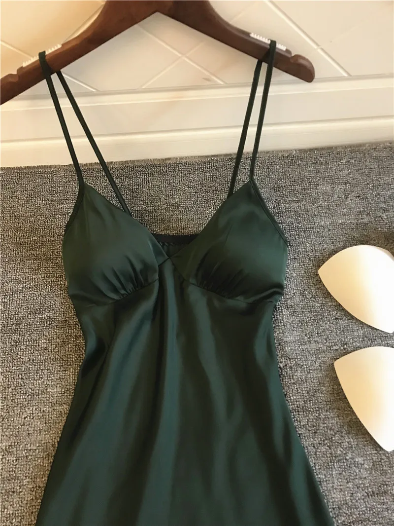 Queenral Women's Sleepwear Nightgown Summer Night Dress Silk Satin Sleepshirts Sexy Nightie Sleeveless Night Gown With Chest Pad - (2)