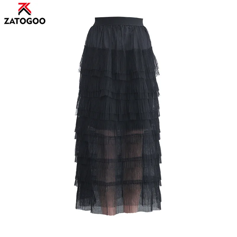

Women A Line Slim Waist Elastic Tulle Skirt Mesh Solid Black Drawstring Pleated Casual Spring Summer Elegant Skirt layers White