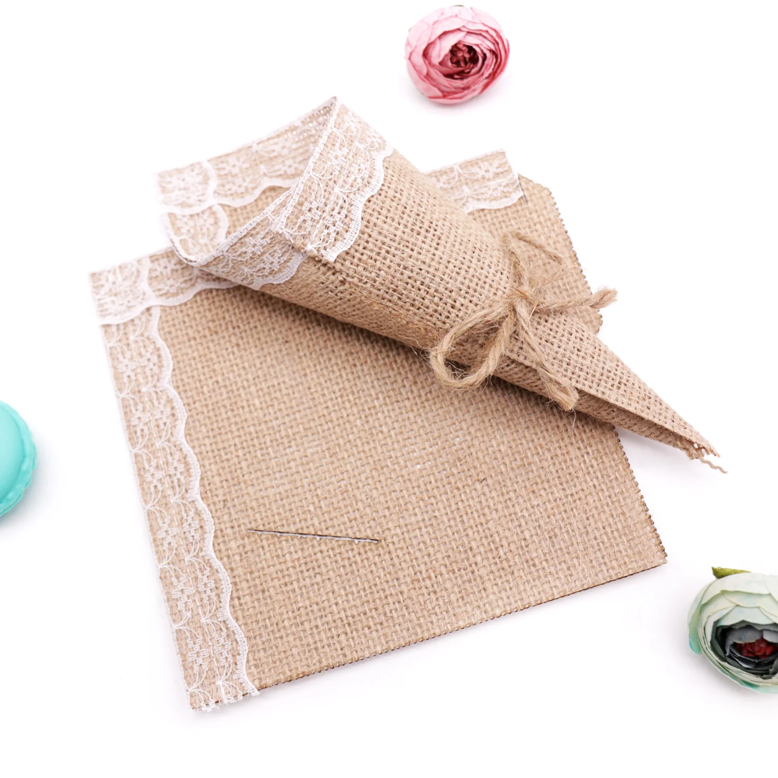 

10pcs 15*15cm Burlap Lace Cones Bouquet Flower Wrapping Candy Bags Boxes DIY Handmade for Wedding Birthday Party Gifts Packing