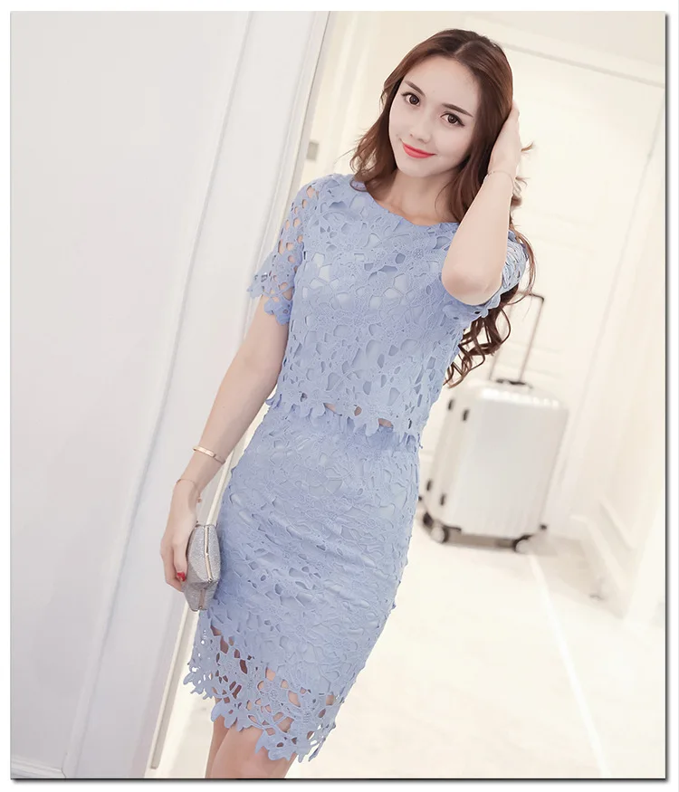 Women Lace Set O Neck Crop Tops And Skirt Hollow Out Female Suit White Blue Pink 2 Pieces (1)