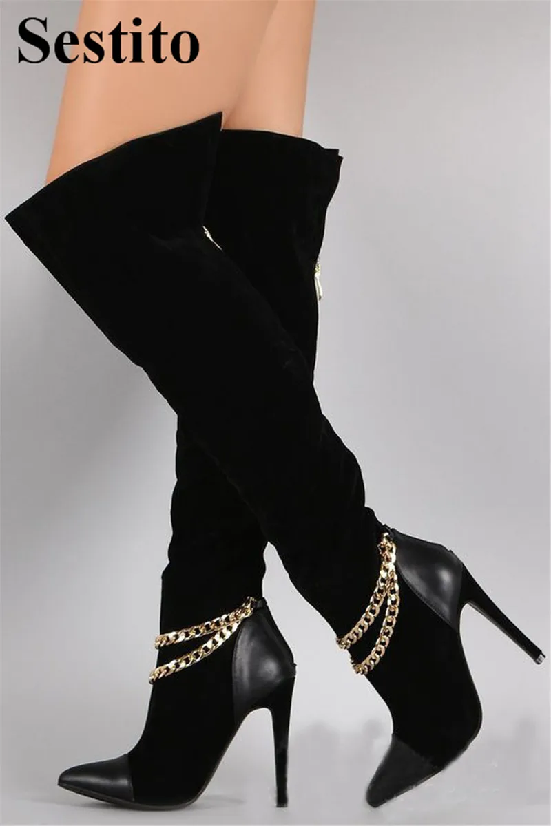 

European Fashion Black Chain Long Pointed Toe Woman Boots Super High Heel Over-the-Knee Boots Women Thin Heels Zip Female Shoes