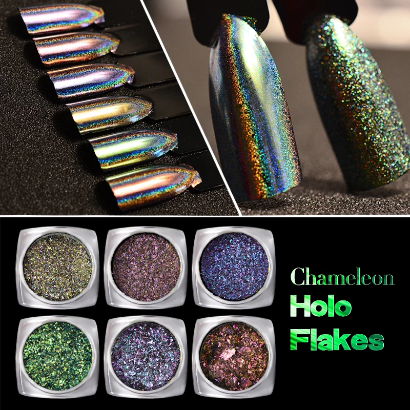

0.2g/box Laser Chameleon Holo Nail Art Flakes Powders Magic Mirror 2 Effects Holographic Glitters Pigment Manicure Accessories