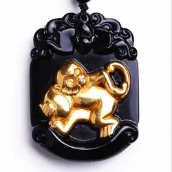 Красивая ручной работы натуральный черный обсидиан резные золото Цвет Китайский Зодиак обезьяна повезло кулон + бесплатная Цепочки и