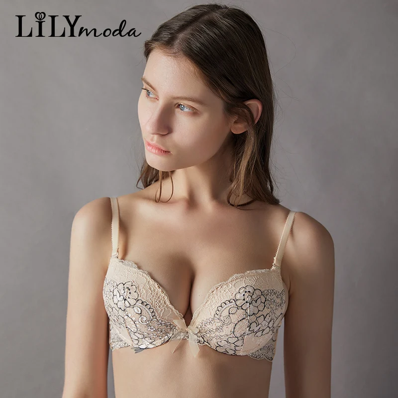 

Lilymoda New Sexy Lace Embroidery Deep V 3/4 Cup Push Up Bra For Women Brassiere Female Comfortable Underwear Ladies Lingerie