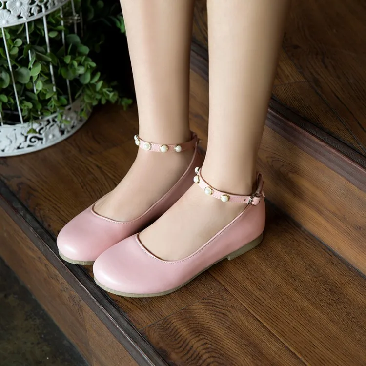 

Big Size 11 12 ladies high heels women shoes woman pumps Single-shoe round-headed pearl string with one-word buckle