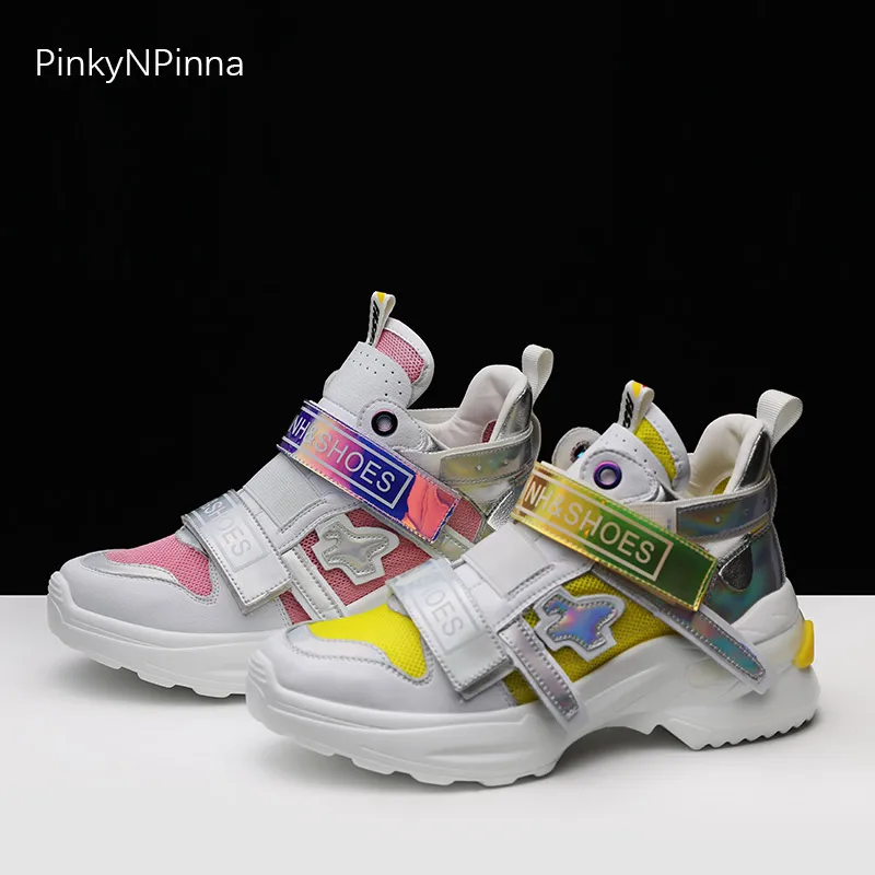 

super shiny young women platform sneakers genuine leather breathable mesh color mixed hip-pop street style high top casual shoes