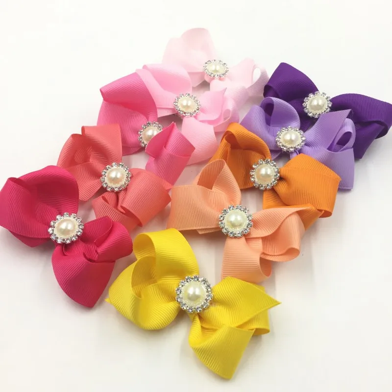 

30pcs/lot 7.5cm 30colors Handmade Grosgrain Bows+Pearl Buttons Ribbon Boutique Flower Bows+Clip For Kids Girls Hair Accessories