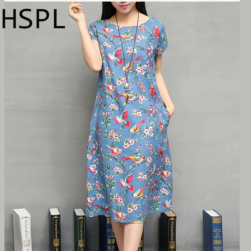 Buy Cheap Summer Dress 2016 Ladies Retro Vintage Floral Printed Cotton Linen tunic Loose Flower dashiki bayan elbise New Style Dresses