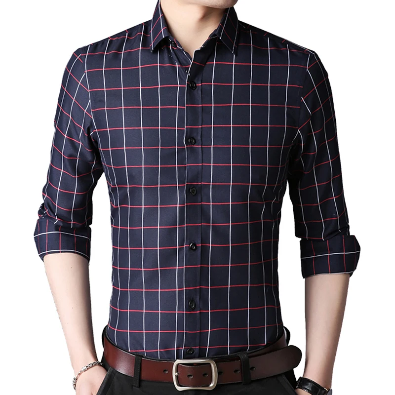 2018 Fashion Mens Shirts Long Sleeve Slim Fit Plaid Shirt Men Casual