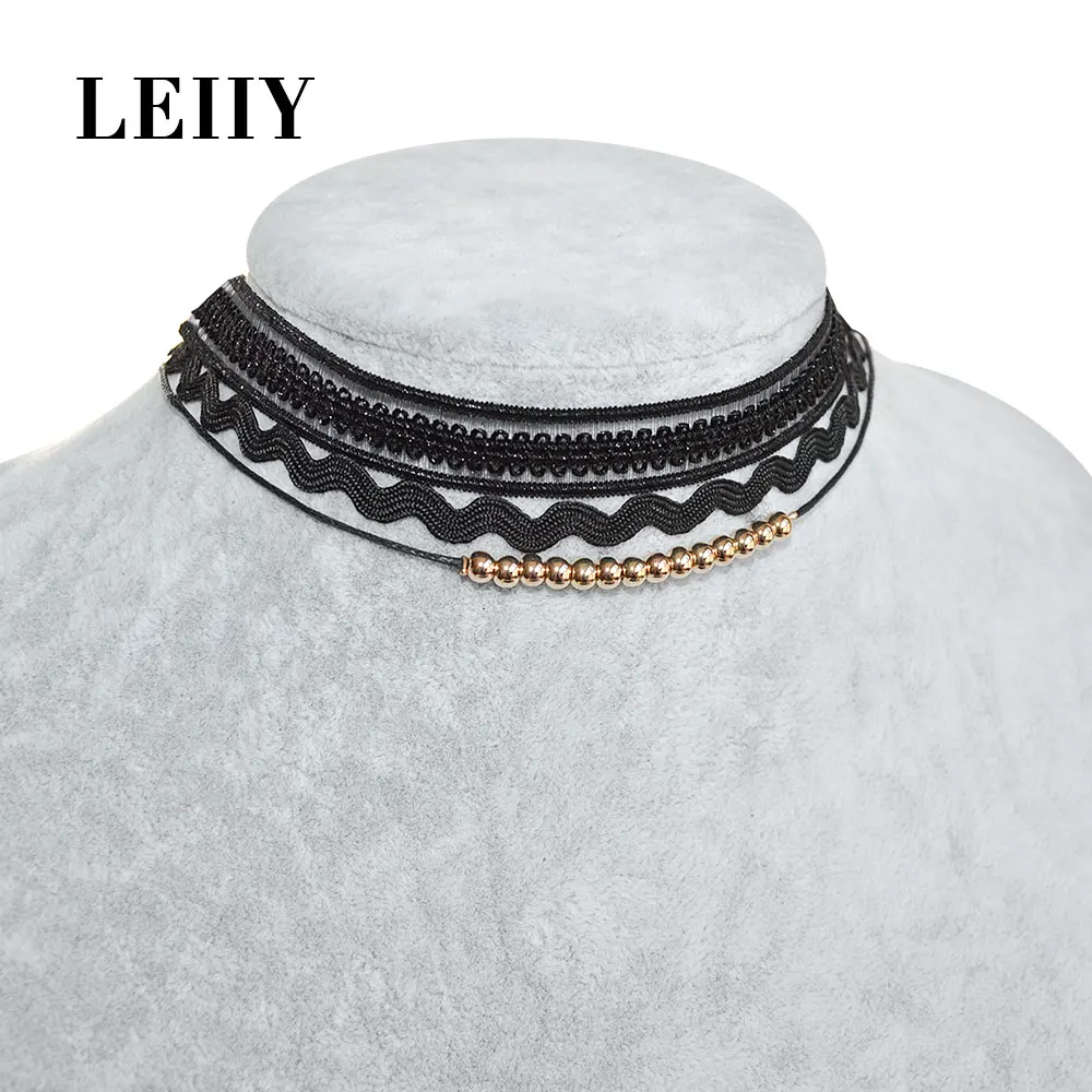 Leiiy New Trendy 3 Pcs/set Black Strand Cloth Choker Necklaces Set For