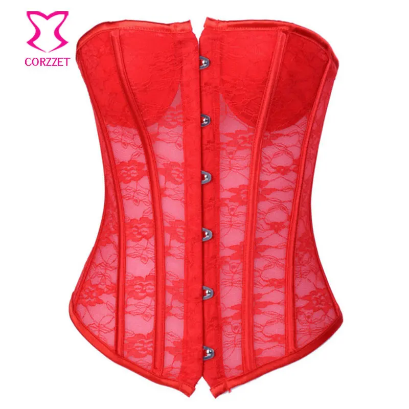 Red Transparent Floral Lace Padded Push Up Bustier Top Women Corset
