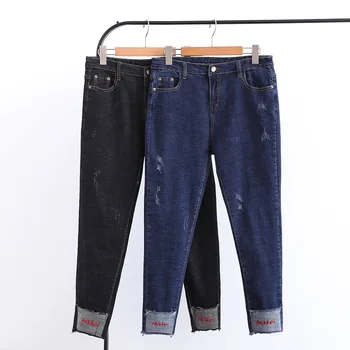 

Denim Pensil Pants Plus Size Women High Waist 2019 Summer Spring Woman Oversized Letter Print Fashion Hole Pant Denim 4XL