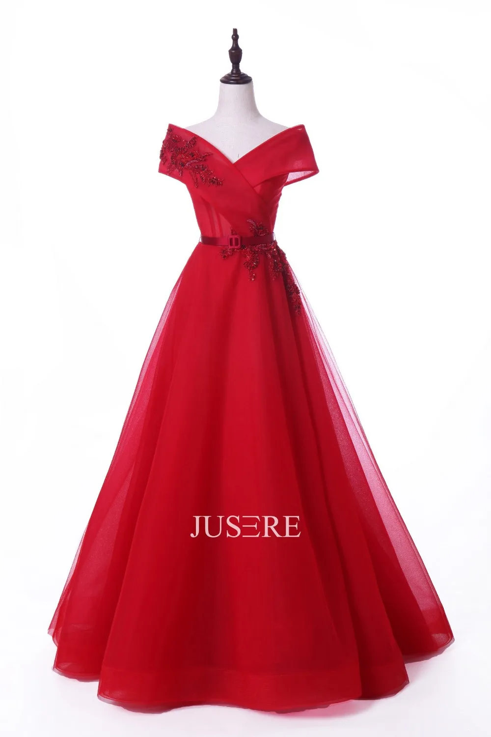 

2019 Spring Summer Jusere Haute Couture Beadings Appliques A Line Evening Dresses Cap Sleeves Red Tulle Party Dresses Custom mad