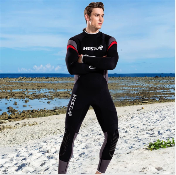 Hisea 1.5mm neoprene mens surf wetsuit one-piece diving suit long-sleeve swimwear black gray contrast- collar010