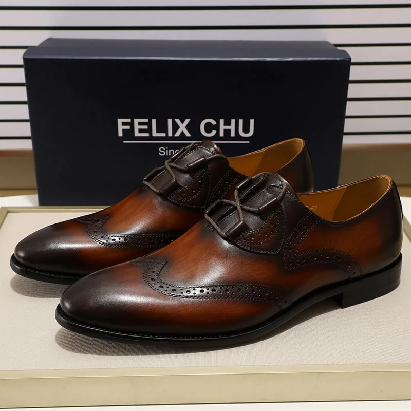 

FELIX CHU 2019 Lace Up Men's Dress Shoes Black Brown Wingtip Oxford Genuine Leather Wedding Party Business Formal Shoes for Men