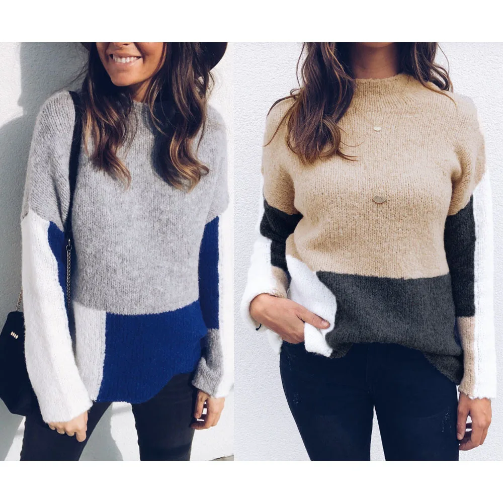 Women Knitted Sweater Sexy Round Neck Long Sleeve Featuring Color Matching Comfort Tops 2018 New Fashion Women Knitted Tops