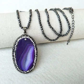 

4 Strands Hematite beads necklace Gems agat e stone geode druse Pendant pave crystal Charm Jewelry necklaces For women NK267