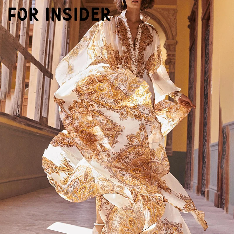 

For Insider Gold floral chiffon maxi dress women Vintage lantern sleeve summer dress festa Elegant long dress robe longue 2019