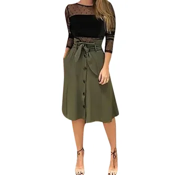 

KLV 2019 New Woman Fashion A-Line Causal Lace Button Slim Skirt Summer Women Solid Chiffon Skirt High Waist Skirt Drop 3.27
