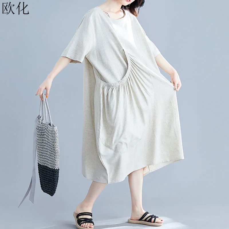

New Arrival 2019 Summer Women New Cotton Maxi Dress Plus Size Casual Loose Big Swing Linen Beach Dress Robe Femme Long Dresses