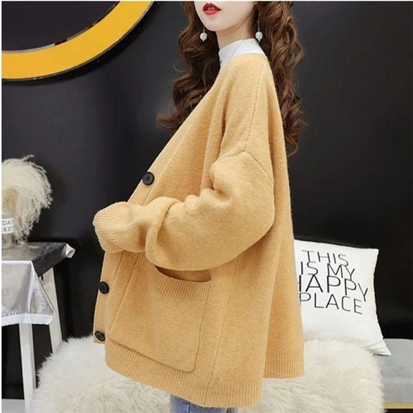 RUGOD корейский шикарный вязаный кардиган для женщин, модный однобортный женский свитер большого размера, женский свитер размера плюс, пальто - Цвет: Цвет: желтый