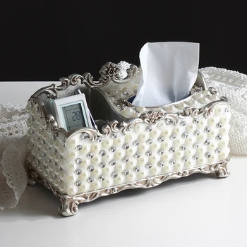 

European Creative Resin Pearl Multi-function Tissue Box Living Room Desktop Diamond Remote Control Storage Box Home Decoration