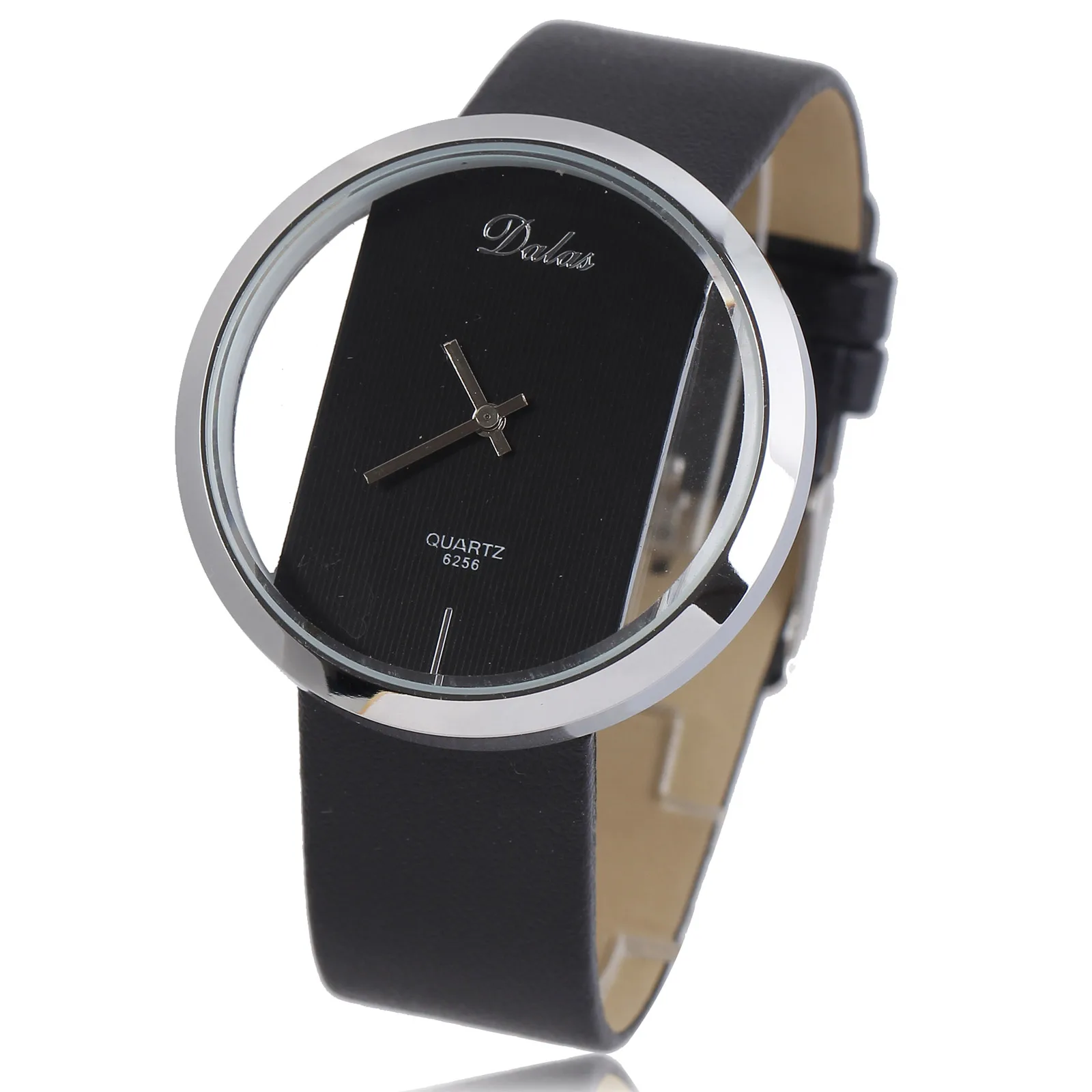 Dalas Модные женские кварцевые часы Уникальный без циферблата обода чехол из искусственной кожи ремешок для мужчин женщин простой полые наручные часы - Цвет: Черный