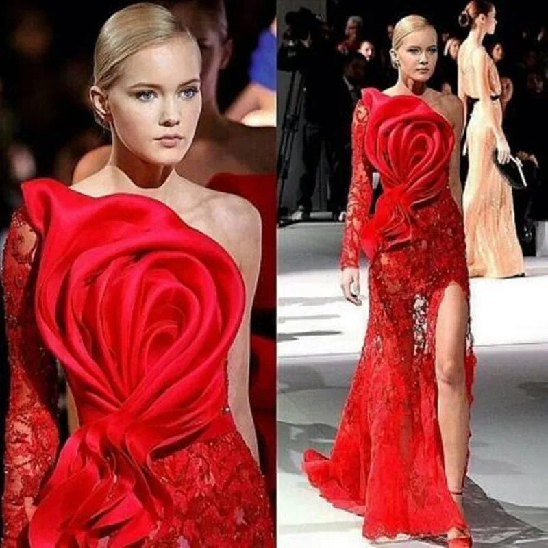 

2019 Long Sleeves Lace Side Slit Evening Party Dresses One Shoulder Rose Flower Red Carpet Celebrity Prom Gowns for Women Wear