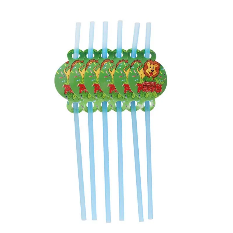 6pcs straw Детские джунгли вечерние декоративные столовые принадлежности Набор лесные животные тематическая вечеринка на день рождения поставщик тарелка кружки с соломинкой скатерть детский душ - Цвет: 6pcs straw