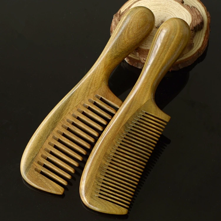 

1PC Thick Round Handle Green Sandalwood Comb Fine Massage Head Comb Straight Long Handle Comb G0425