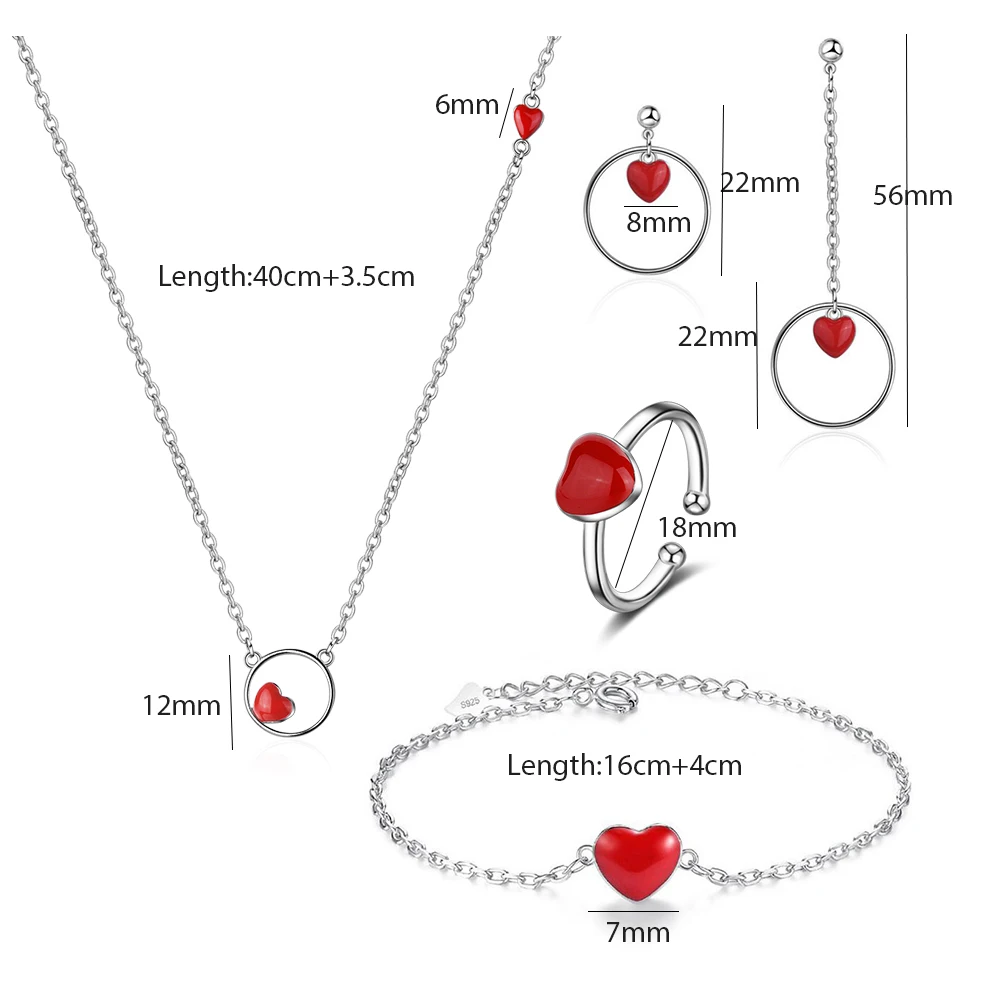ANENJERY 4 стиля простые 925 пробы серебряные Ювелирные наборы ожерелье Красное сердце+ серьги+ кольцо+ браслет для женщин подарок - Окраска металла: S(N309E495B130R470)