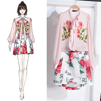 

Set female 2019 summer fashion printed lantern sleeves sweet tie thin shirt irregular skirt temperament women's two-piece suit