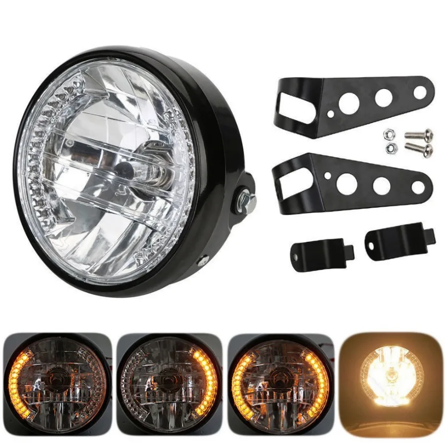

7" Motorcycle Headlight Lamp Amber LED Turn Signal Indicator With Bracket For Harley Chopper Cafe Racer Bobber