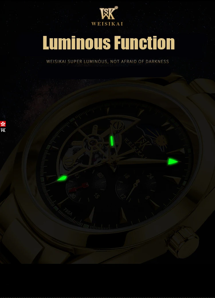 Swiss [Wieskai] Мужские наручные часы деловые водонепроницаемые Звездные Tourbillon из нержавеющей стали с золотым ремешком автоматические механические мужские часы