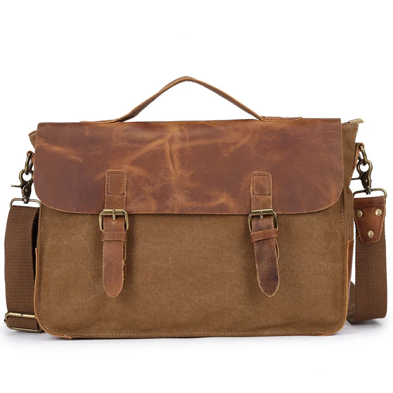 Brand Leather&Canvas Vintage Briefcase Handbag Men Shoulder Messenger