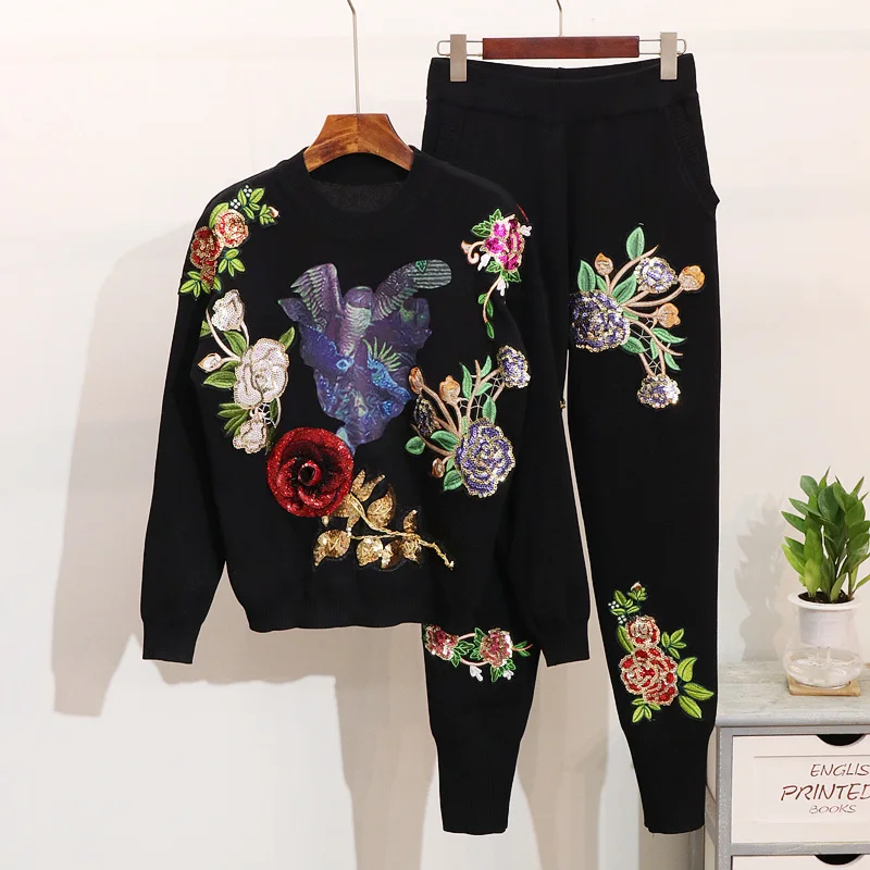 

Fashion Spring Autumn New Women clothes 2019 Sequined Embroidery Flower Knitted Sweater + Casual Pants Womens Two Piece Outfits