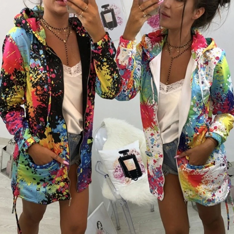 

Bigsweety Women Print Bomber Jacket Coat Spring Autumn Female Pocket Zipper Hooded Outwear Casual Windbreaker Thin Slim Overcoat