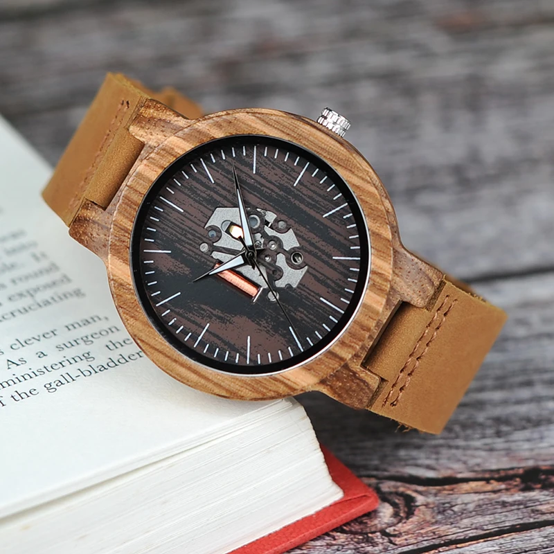 BOBO BIRD V-H29 Mens Zebra Wood Quartz Wristwatch Doodle Print Dial Luminous Hand Bamboo Wooden Watch Black Leather uhren men