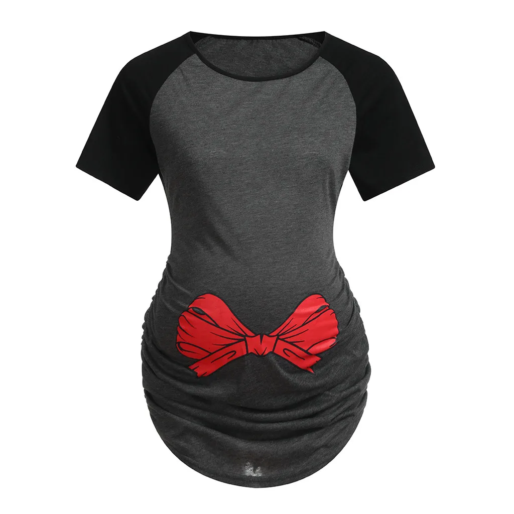 

pregnancy t shirt Women's Maternity Print Bow Short Sleeves Splice Round Neck Casual tops ropa de maternidad embarazo6.446gg