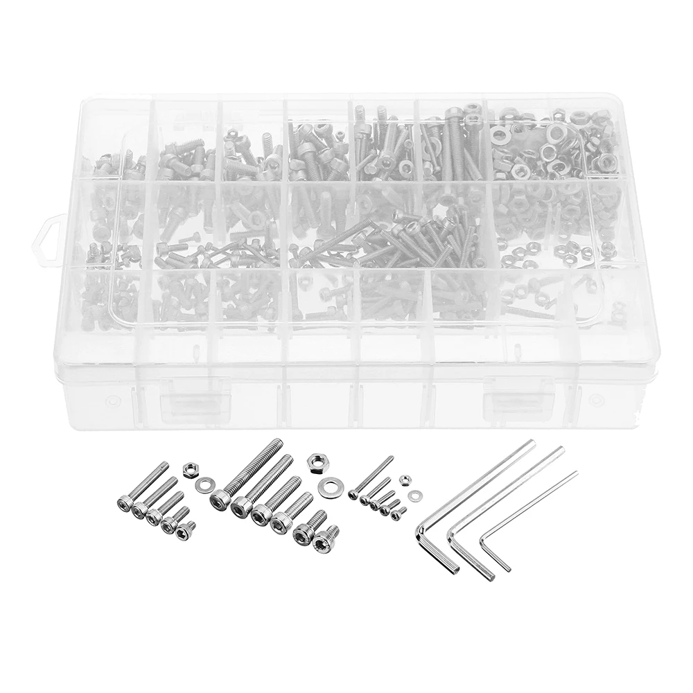 

1080Pcs M2/M3/M4 304 Stainless Steel Hex Socket Head Cap Screw Nuts Flat Washers Kit For Precision Machinery Instruments