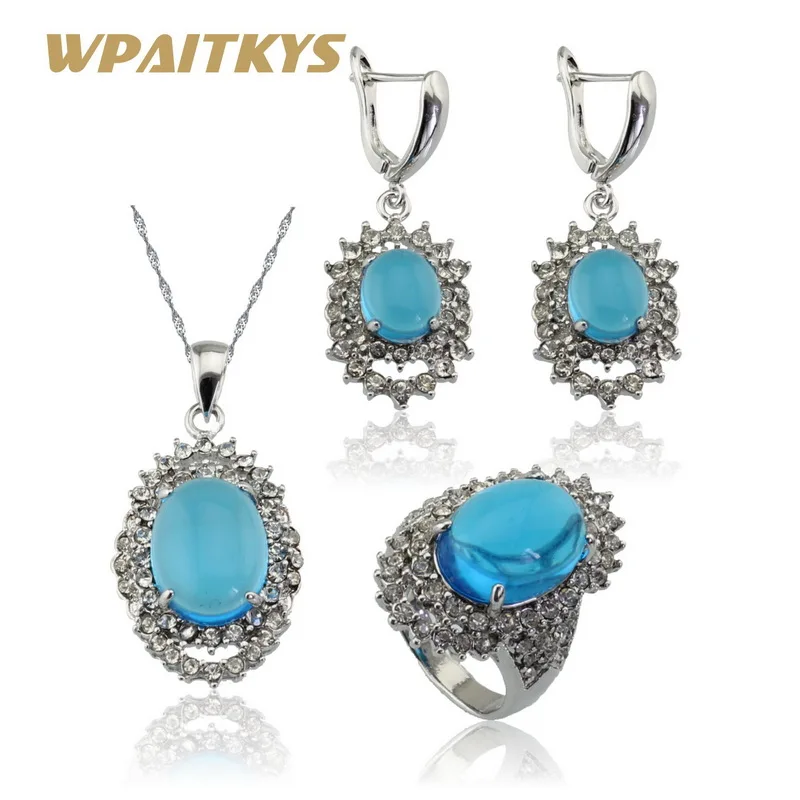 

WPAITKYS Silver Color Light Blue White Crystal Jewelry Sets For Women Drop Earrings Pendant Necklace Rings Free Gift Box