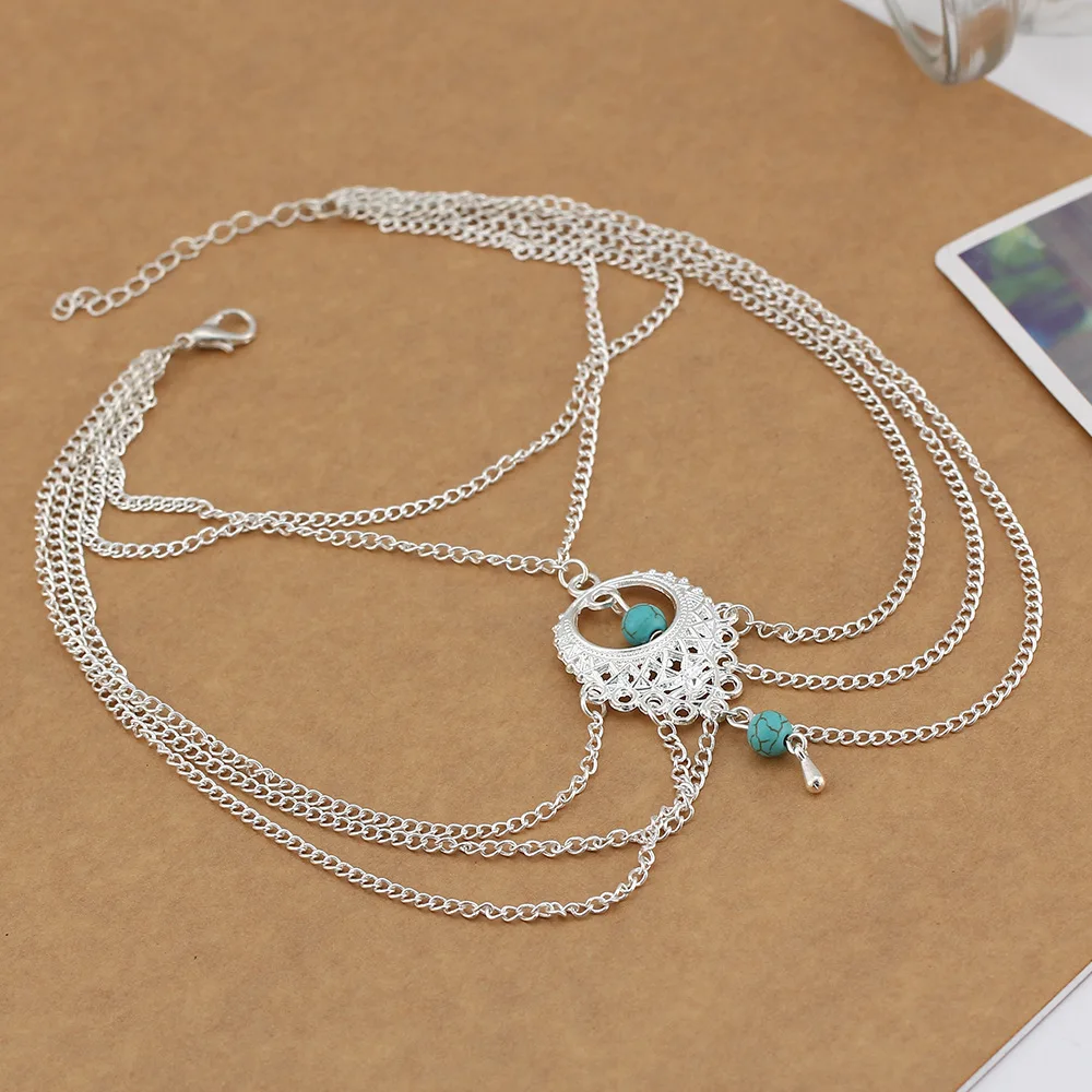 

10 pieces/lot Ankle Bracelets Women Anklets Silver Color Blue Beads Hollow Flower Foot Jewelry Leg Chain Tassel Barefoot Sandals
