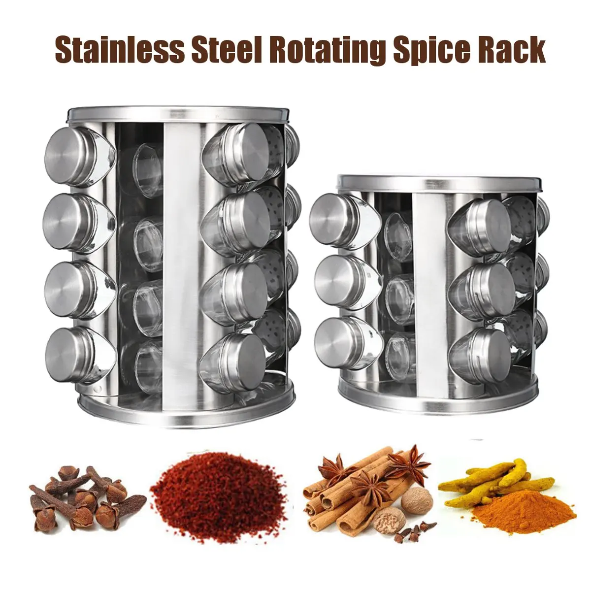 

12/16 Jars Rotating Spice Jar Rack Set Stainless Steel Seasoning Stand Holder Condiment Salt Pepper Shaker Kitchen Cooking Tools