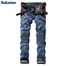 Мужские байкерские джинсы Sokotoo с кислотной стиркой длинные повседневные брюки с карманами и заплатками байкерские джинсы