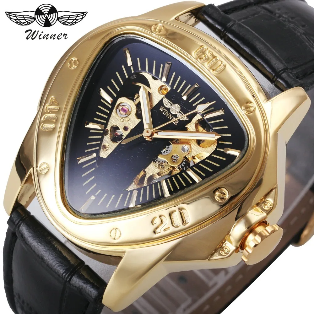 

WINNER Top Brand Luxury Men Mechanical Watch Leather Strap Triangle Case Golden Skeleton Dial 3D Design Creative Watches